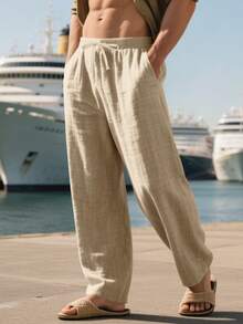 Men's Breathable Thin Linen Loose Casual Sports Pants, Suitable For Beach, Spring/Summer - Khaki - View 3