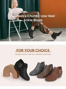 Athlefit Women's Chunky Low Heel Ankle Boots Classic Pointed Toe Side Zipper Booties - 黑色 - 查看 7