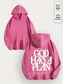 1pcsMen's Unisex "God Has His Plans - Faith Enlightenment" Printed Cotton Hoodie, Vintage Casual Fashion Daily Soft Warm Hoodie, Suitable For Streetwear And Spiritual Aesthetic Enthusiasts, Men's Winter Clothing - 玫紅色 - 查看 1