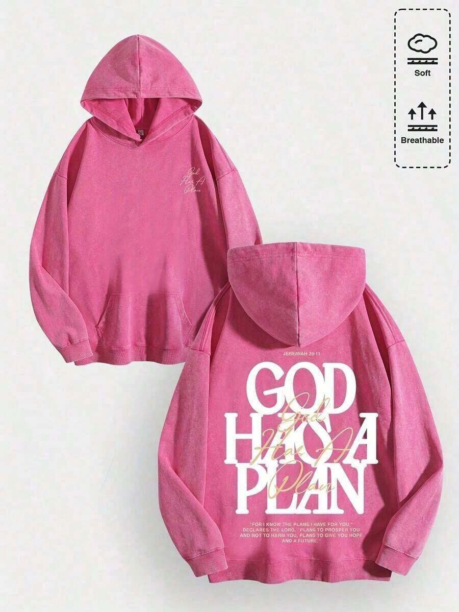 1pcsMen's Unisex "God Has His Plans - Faith Enlightenment" Printed Cotton Hoodie, Vintage Casual Fashion Daily Soft Warm Hoodie, Suitable For Streetwear And Spiritual Aesthetic Enthusiasts, Men's Winter Clothing - 玫紅色 - 查看 1