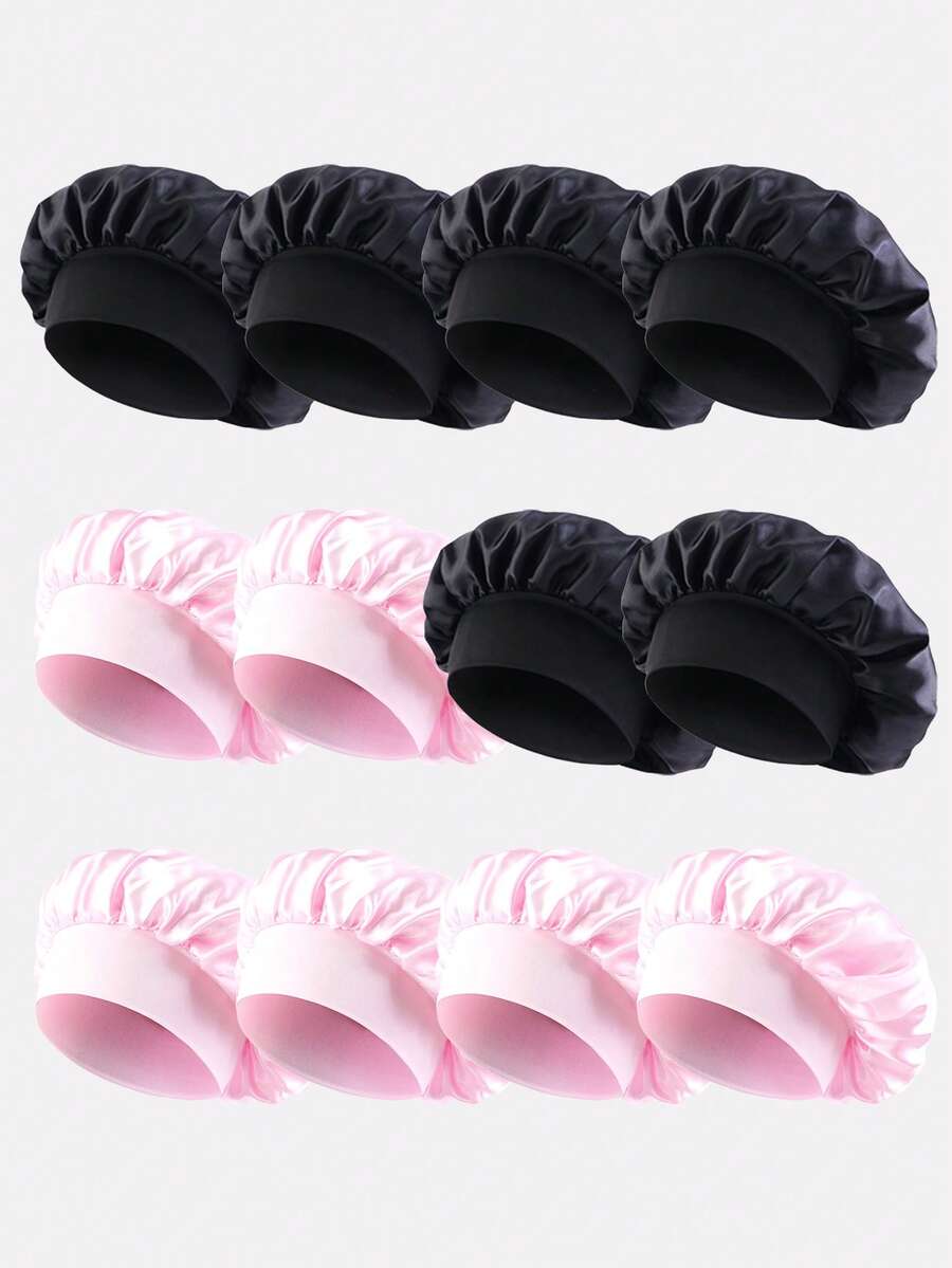 12pcs Women's Solid Color Elastic Wide Brim Satin Sleep Caps, Hair Care Caps, Suitable For Daily Use, Made Of Solid Color Breathable Polyester Fabric