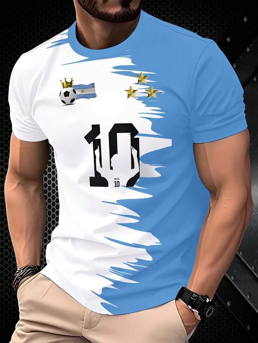 男士阿根廷足球图案T恤 - 3D印花蓝白条纹设计，透气面料，常规版型圆领短袖休闲运动球迷T恤 - 彩色 - 查看 1
