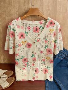 Women's Floral Print Hollow Out Short Sleeve V-Neck Knit Cardigan, Regular Fit Front Button Lightweight Top, Vacation Wear, Summer - Khaki - View 6