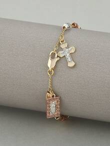 3-Color Rose Beaded Virgin Mary Pendant Bracelet - Gold - View 1