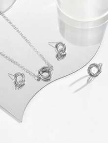 4 st. Dammode Minimalistiskt Handgjort Omlotthalsband, Ring, Örhängen Smyckeset, Lämplig För Vardagsbruk - Silver - Visa 2