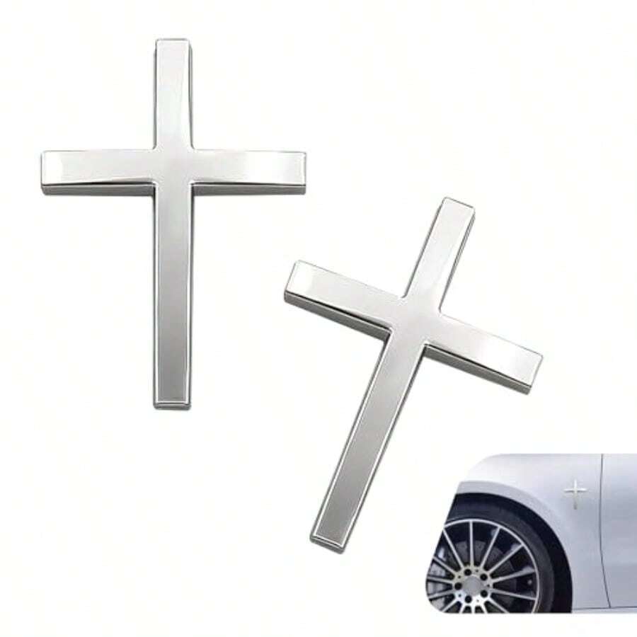 2 PCS 3D Cross Stickers 2.5*1.8 3D Alloy Car Metal Jesus Christ Cross Emblem Decals Self Adhesive Metal Auto Decor Emblem Decal Universal For Trunk Rear Fender Side Fender Silver - Bạc - Xem 1