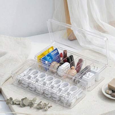 1个桌面线缆整理收纳盒，分格设计，可收纳充电线、耳机、化妆品、文具、手机、玩具等，另附可拆卸口红和首饰盒