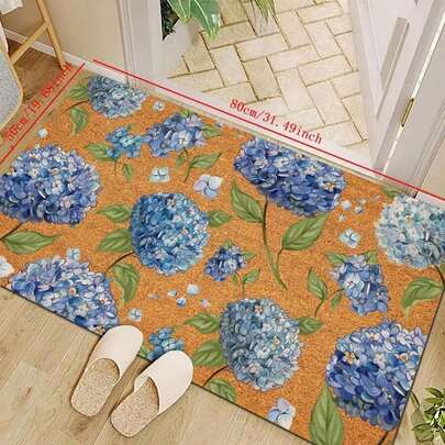1pc  Large Blue Hydrangea Floral - Non-Slip Washable Indoor/Outdoor With Vibrant Blue & Hydrangea Flowers, Durable Polyester Entryway, Kitchen, Living Room, Bathroom, Patio - Easy Clean Home Decor, Bathroom