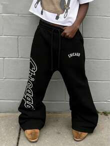 Men's Drawstring Design Printed Casual Pants, Comfortable Breathable Leisure Trousers - Black - View 1