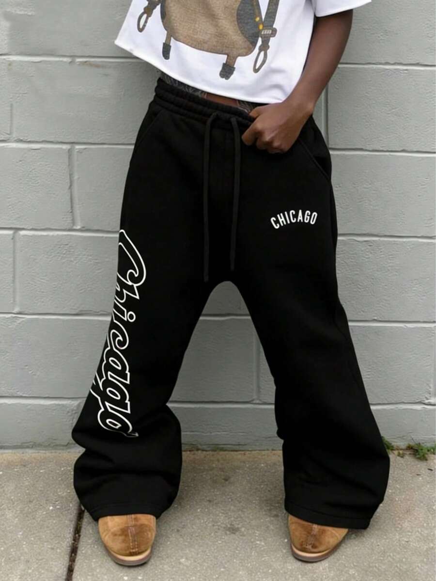 Men's Drawstring Design Printed Casual Pants, Comfortable Breathable Leisure Trousers - Black - View 1