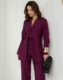 Women's Premium Blazer And Pants Set - Burgundy - View 2