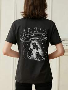 1 pieza Camiseta de mujer de manga corta y cuello redondo, suelta para el verano, con estampado de gato de dibujos animados y diseño de ciencia ficción, adecuada para vacaciones, oficina, salidas, uso diario, citas, fiestas, reuniones, calle, festivales, festivales de música, San Valentín y ocasiones casuales - Gris oscuro - Ver 7