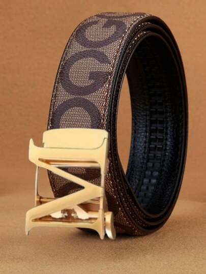 Luxury M-Letter Automatic Buckle Men's Belt, Retro Printed Versatile Business Leather Belt, Suitable For Middle-Aged And Young People Jeans