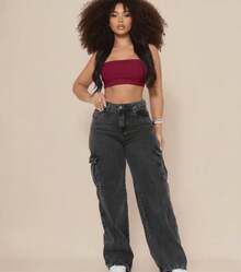 Cargo 2 Pocket Graphite Wide Leg Women's High-Waisted Jeans Without Lycra - Dark Grey - View 2