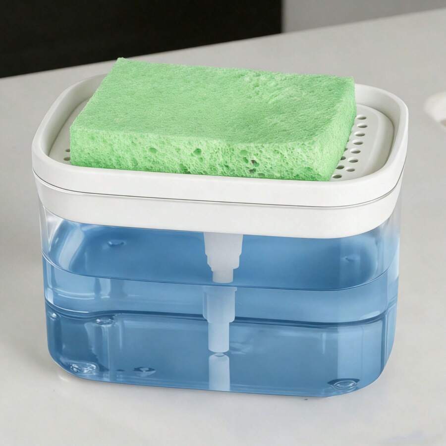 1个厨房皂液器，洗洁精分配器，独立式设计，带泵头、海绵架和海绵 - 适用于厨房水槽、餐厅、家庭和酒店使用，方便洗碗 - 彩色 - 查看 1