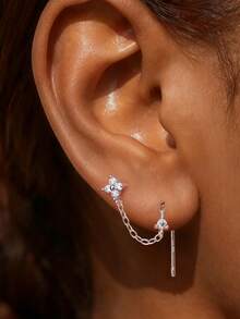 1Pc Dainty Delicate 925 Sterling Silver Chain Tassel Moissanite Piercing Earrings Set, 3-Prong Clover Design Flat Back Cartilage Studs, Hypoallergenic Jewelry Gift For Women Girls Daily Wear Party Wedding Season - Silver - View 12