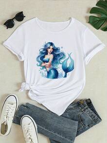 Camiseta Casual de Manga Corta para Mujer 2025 - Diseño de Sirena Anime, Cuello Redondo, Ligeramente Elástica, Lavable a Máquina, Ajuste Cómodo, Adecuada para Primavera, Verano y Otoño, Negra con Diseño Azul y Blanco, Estilo de Temporada, Moda de Ensueño, Material Elástico - Blanco - Ver 2