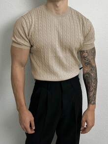 Men's Plain Minimalist Everyday Short Sleeve Knit Sweater - Khaki - View 5
