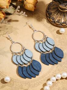 复古牛仔渐变蓝色流苏叶子耳环，波西米亚风长耳环 - 彩色 - 查看 3