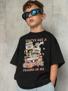 Disney Woody, Buzz, And Other Characters Are Layered On A Retro Cassette Tape Design, Paired With The Song "You've Got A Friend In Me", Creating A Strong Sense Of Nostalgia Print Pattern Summer Tops,Short-Sleeved Casual And Cute Style  Children's Clothing Design, Boy Clothes For Kids ,Ropa Para Niños,Boy Clothes For Kids,Graphic Tee, Summer Clothes,Perfect For Cool Boy. Comfortable And Breathable Children's Short-Sleeved T-Shirt. Comfortable And Casual Wear All Year Round 180g Pure Cotton Children's Clothes,Comfortable & Lightweight, Iconic Print For Mix-And-Match Outfits,Suitable For Both Boys And Girls. - Black - View 2