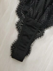 1pc Black Sheer Mesh Floral Lace Deep V-Neck Jumpsuit - Black - View 8