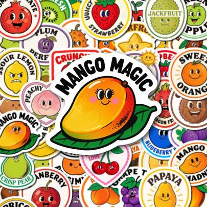 50张可爱水果双关语贴纸，芒果魔法主题防水乙烯基贴纸，美观贴纸，适用于水瓶、笔记本电脑、手机壳、滑板、日记本、剪贴簿、DIY工艺品，成人、青少年装饰贴纸，水果爱好者礼物，日常使用和个性化剪贴簿用品文具趣味贴纸 Kindle