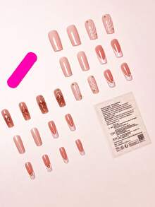 24片/套 优雅3D立体花卉金色镶边波浪形珍珠装饰方形美甲贴片，适合女孩/女士日常、户外、派对美甲 - 彩色 - 查看 3