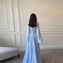 1Pcs Women's New Pure And Alluring High-End Round Neck Slim Fit Long Sleeve Dress - Xanh da trời - Xem 2