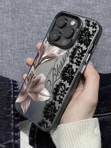 字母花卉蕾丝图案手机壳，兼容 13、14 Pro Max、17、17 Pro Max、13 Pro Max、12、11 - 黑色 - 查看 2