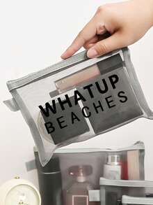 彩色防水网眼沙滩包，印有“WHATUP BEACHES”字样，沙滩主题，大容量透明化妆包，尼龙拉链洗漱包，轻便易携，可装防晒霜、零食、比基尼和沙滩必备用品。 - 彩色 - 查看 2