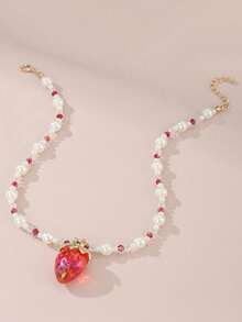 Collar con colgante de fresa de colores, diseño de cuentas de perlas y cristal, joyería exquisita para niñas, regalo de fiesta - Multicolor - Ver 7