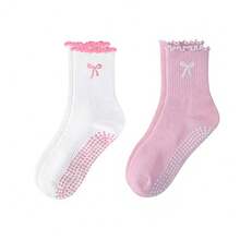 2双装防滑普拉提袜，棉质透气瑜伽袜，高弹吸湿排汗中筒袜，女士款 - 彩色 - 查看 17