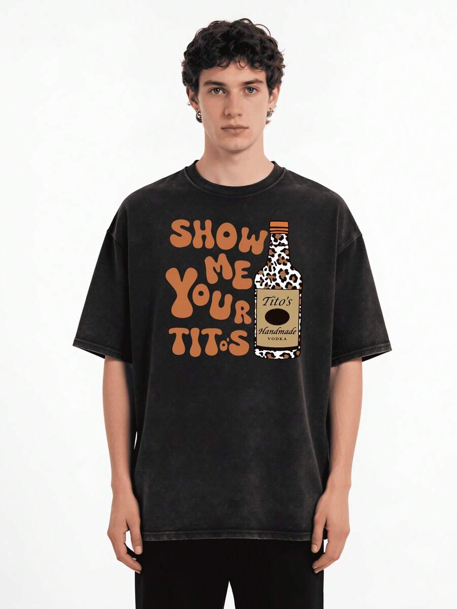 Vintage Vintage Style, Tito's Vodka Enthusiast, Leopard Print Elements, SHOW ME YOU TITOS Humorous Text Memes, Washed Double-Sided Printed Vintage T-Shirt..…. Retro Loose T-Shirt, Men's Casual Style T-Shirt, Machine Washable And Washable Old T-Shirt; Cool Design Pattern T-Shirt, Durable And Comfortable Fabric, Street Fashion Sense, A Must-Have For Street Style Enthusiasts, Top-Level Sportswear, Suitable For Daily Commuting, Dating, Leisure Matching, Suitable For Holiday Gift Giving, The First Choice For Gift Giving. - 黑色 - 查看 1