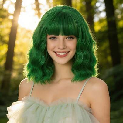 Women's Short Wavy Green Wig With Bangs – Heat Resistant Synthetic Anime Cosplay & Daily Wear Hair, Natural Looking Vibrant Green Curly Bob Wig With Air Bangs For Party Holiday Gift For Birthday