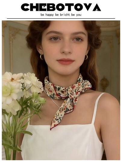 1条女士真丝方巾，小方巾款式，亚麻材质，清新花卉图案，复古装饰，可作头巾、发圈、发带使用，是提升整体造型的理想之选。