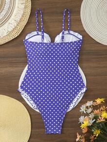 Bodysuit Polkadot Elastis Tinggi untuk Wanita dengan Hiasan Ruffle, Cocok untuk Liburan Pantai Musim Panas - Purple - View 6