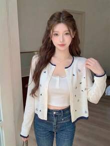 Cropped Long Sleeve Cover Up Lightweight Jacket Hollow Out Knit Sweater For Women, Casual Sweet Style With Frill Trim, Spring/Summer - Apricot - View 5