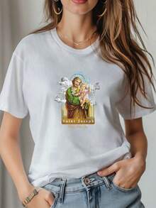 Camiseta de manga corta para mujer, estampada, casual, de verano, de la Iglesia Católica de San José - [Blanco] - Ver 1