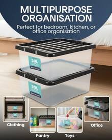 4 Pack 30L Underbed Storage Boxes With Lids |   Clear Plastic Storage Containers With Black Lids |   Stackable Storage Boxes For Home, Office, And Kitchen Organization - 2 - View 5