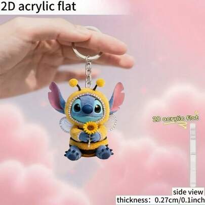 Disney 2D平面，2D可爱蜜蜂史迪奇钥匙扣多功能装饰吊坠，情人节情侣浪漫装饰饰品，多功能，可挂在背包上、钥匙链上，节日装饰，趣味吊坠，耐用挂件，节日装饰，家居装饰