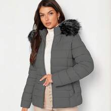 Shendy Vendy Chamarra Para Mujer Poliéster Cálido Con Cuello Tipo Piel - Gris 1 - Ver 6