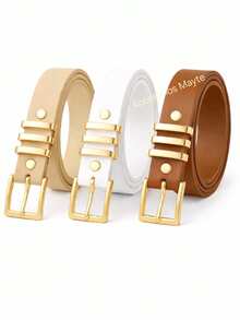 Set Of 3 Women's Belts With Square Buckle, Plus Size - beige, caramelo, blanco - Ver 4