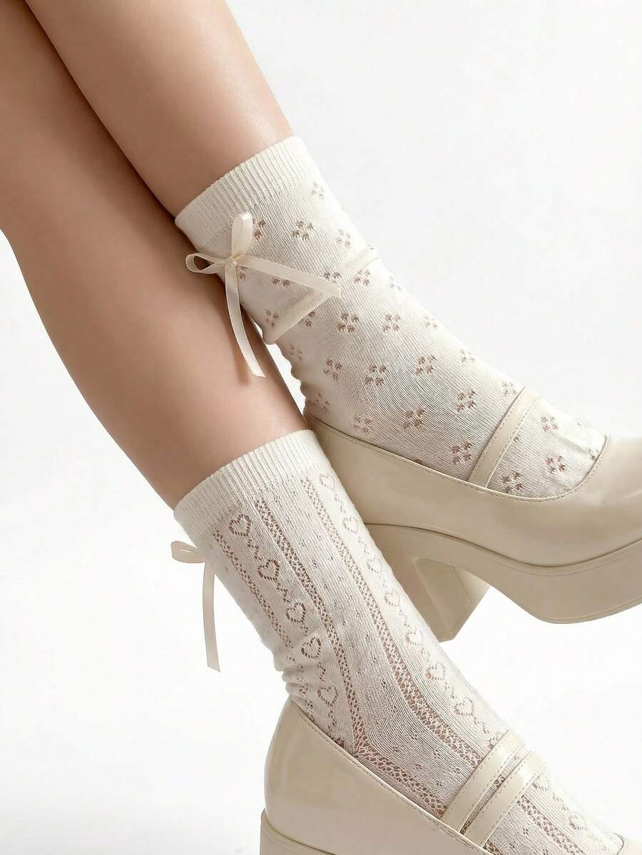 2 Pairs Cream Mesh Socks With Butterfly Ribbon Side, Fashionable Matching Hollow Heart Mid-Calf Socks, Aesthetic For Spring/Summer - White - View 1