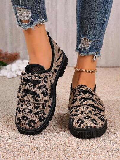 女士豹纹厚底鞋，防滑厚底魔术贴休闲鞋，日常及户外穿着皆宜