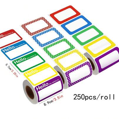 250张彩色卡通姓名标签贴纸，超大尺寸8.9x5.7厘米长方形，3种款式可选，可书写，适用于罐子、调料瓶、文件、学习用品标签、DIY装饰