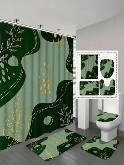 1/4pcs Hunter Green & Gold Medieval Modern Style Bohemian Bathroom Decor Set, Waterproof Polyester Shower Curtain, Non-Slip Bath Mat, U-Shaped Toilet Rug, Toilet Lid Cover With 12 Hooks - Modern Home Decor, Bathroom Accessories, Easy Clean, Housewarming Gift - Suitable For All Seasons