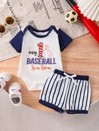 2pcs Baby (Boy) Cute & Comfortable Letter Print Short Sleeve Romper + Striped Shorts Set, Lightweight Summer Outdoor Outfit