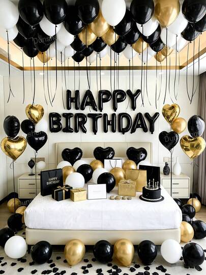 21/65 件美式黑金白生日气球套装 - 男女皆宜的生日装饰，包含 500 片无纺布花瓣、生日快乐字母横幅 + 心形铝箔气球、加厚乳胶气球，深色系派对背景，适合浪漫卧室装饰、午夜惊喜生日派对装饰