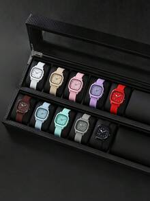 10只装女士礼品硅胶手表，时尚休闲方形表盘石英腕表组合套装（不含表盒） - 彩色 - 查看 3