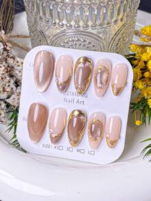 10 piezas de uñas postizas hechas a mano, uñas cortas, uñas postizas, puntas de uñas francesas, uñas con forma de almendra, uñas de color nude, uñas de ojo de gato de oro champán, uñas doradas, uñas de estilo retro lujoso, uñas elegantes y suaves, con decoración de contorno dorado pintado a mano, perla y cuentas de metal dorado, incluye herramientas para uñas, de uso y remoción rápida, adecuado para mujeres y niñas - Champán - Ver 4